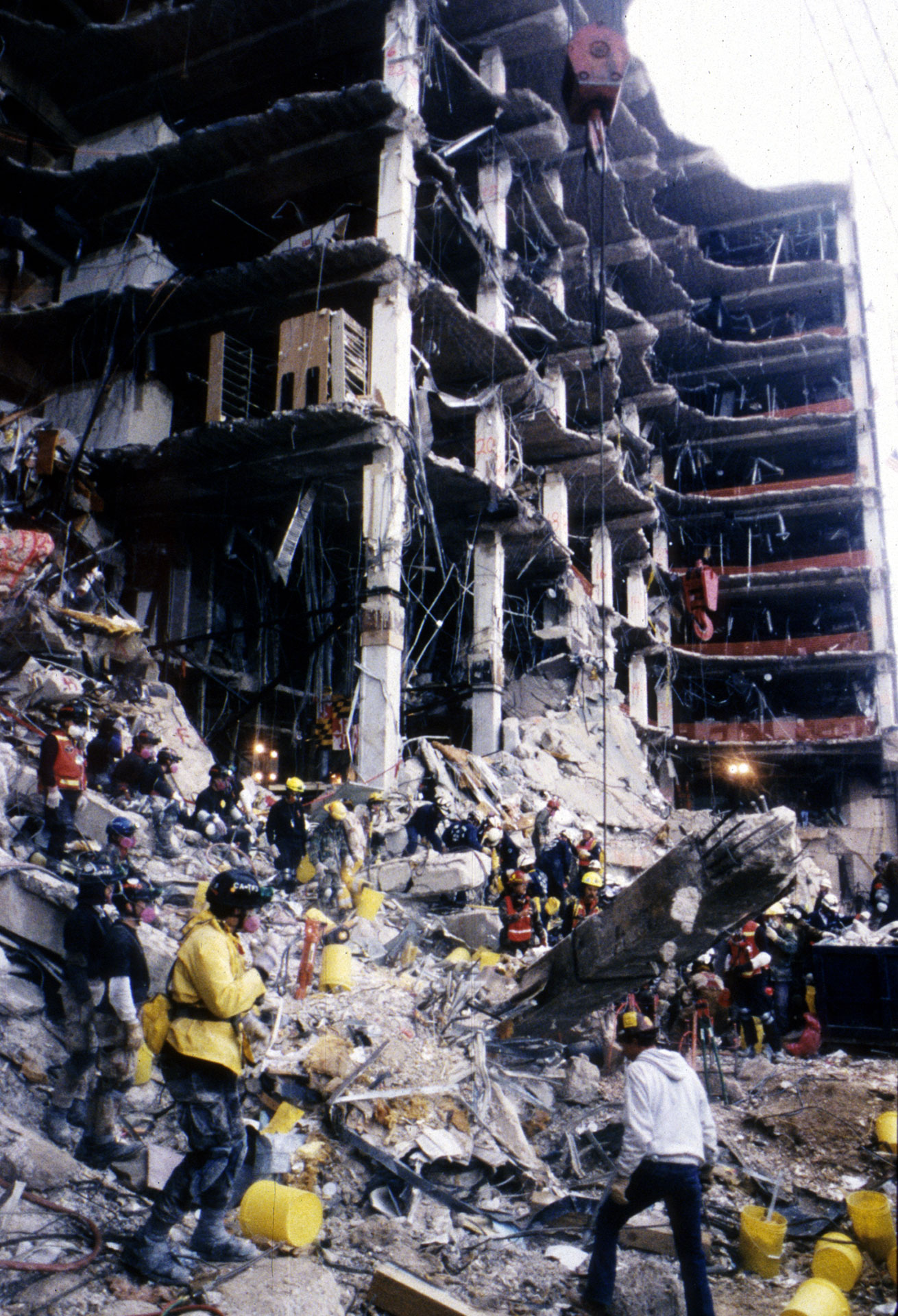 Search and Rescue crews work to save those trapped beneath the debris, following the Oklahoma City bombing, April 26, 1995.