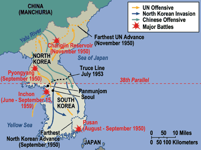 This map shows the Chinese and UN offensives/the invasion in North Korea and Major Battles. 
