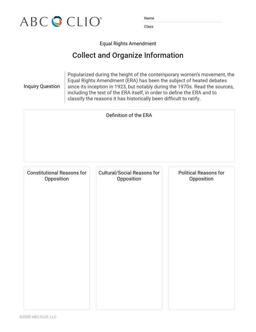 A worksheet titled "Equal Rights Amendment" with sections for inquiry questions, definition of the ERA, and reasons for opposition: constitutional, cultural/social, and political. There's a logo at the top and space for student details.